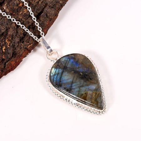 Silver Plated Brass Pear Shaped Labradorite Necklace for Women